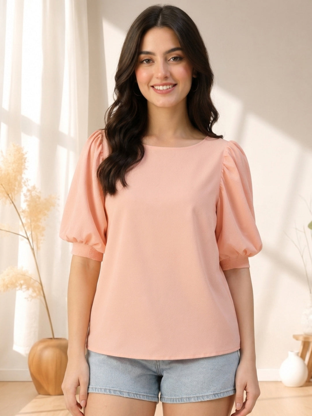 Pink puff sleeve top for women, stylish plus size fashion blouse with denim shorts