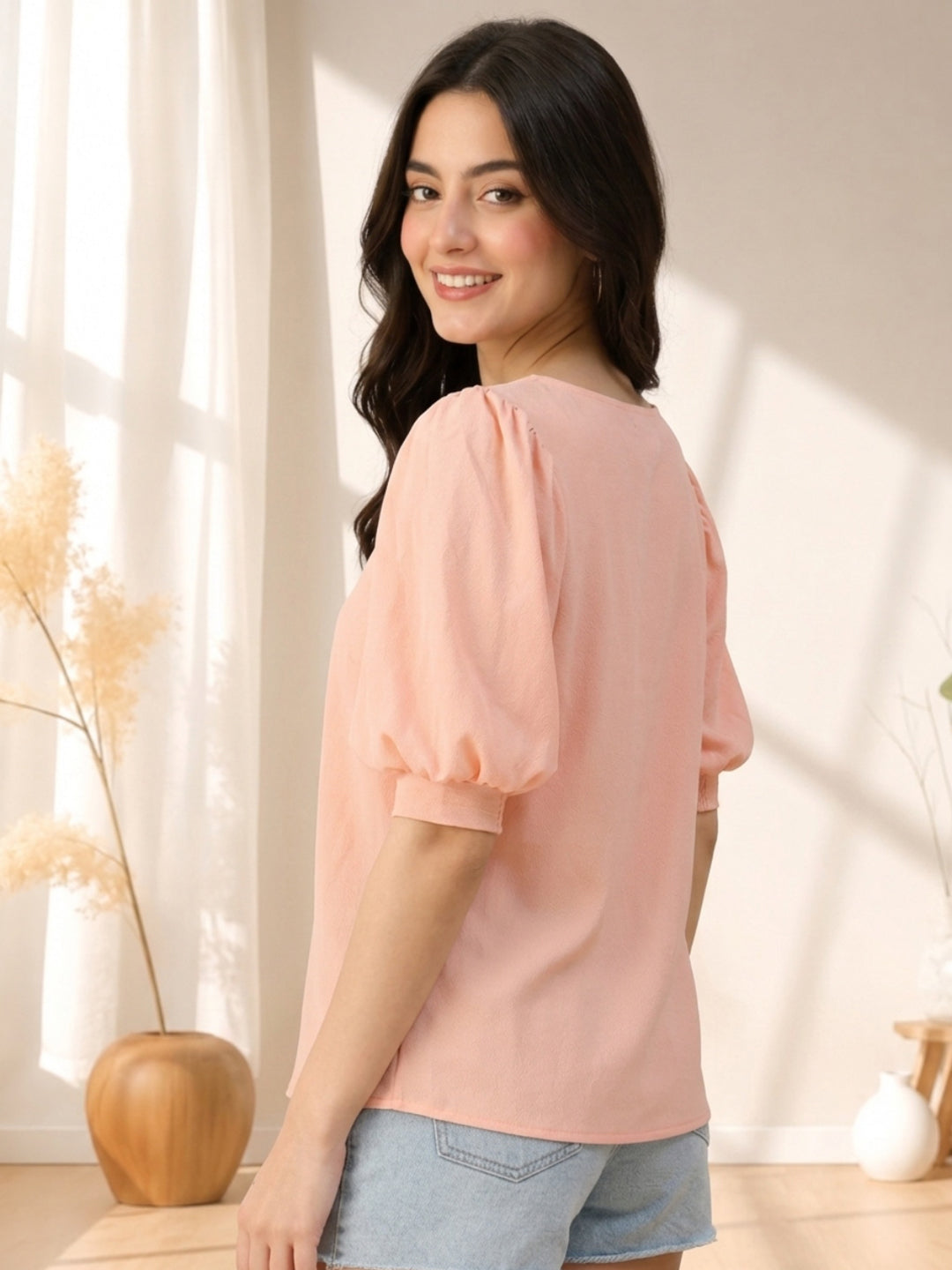 Pink puff sleeve top for women, stylish plus size fashion with denim shorts, soft fabric, casual wear