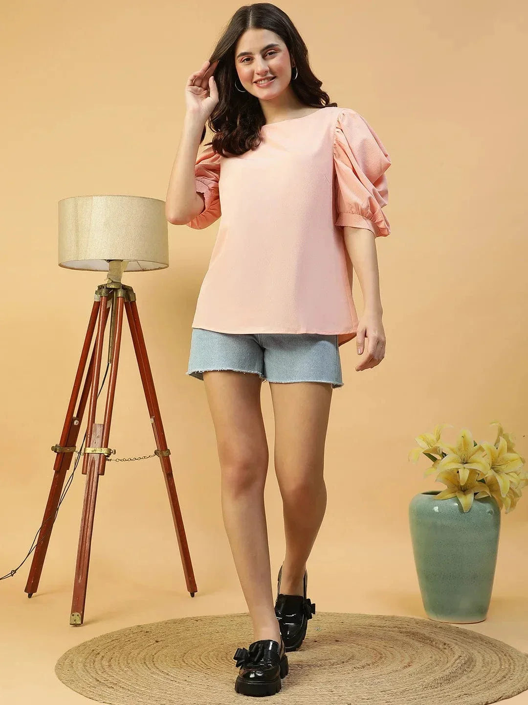 Perfect Peach Round Neck Short Puff Sleeve Women Top - oxolloxo