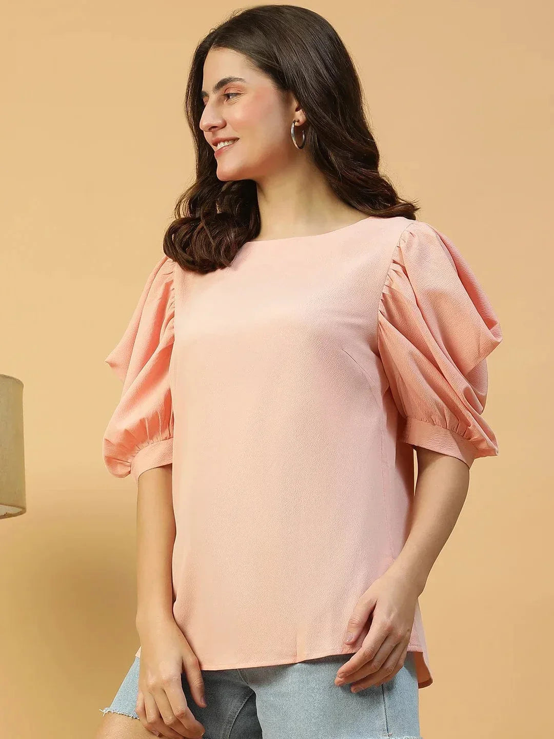 Perfect Peach Round Neck Short Puff Sleeve Women Top - oxolloxo