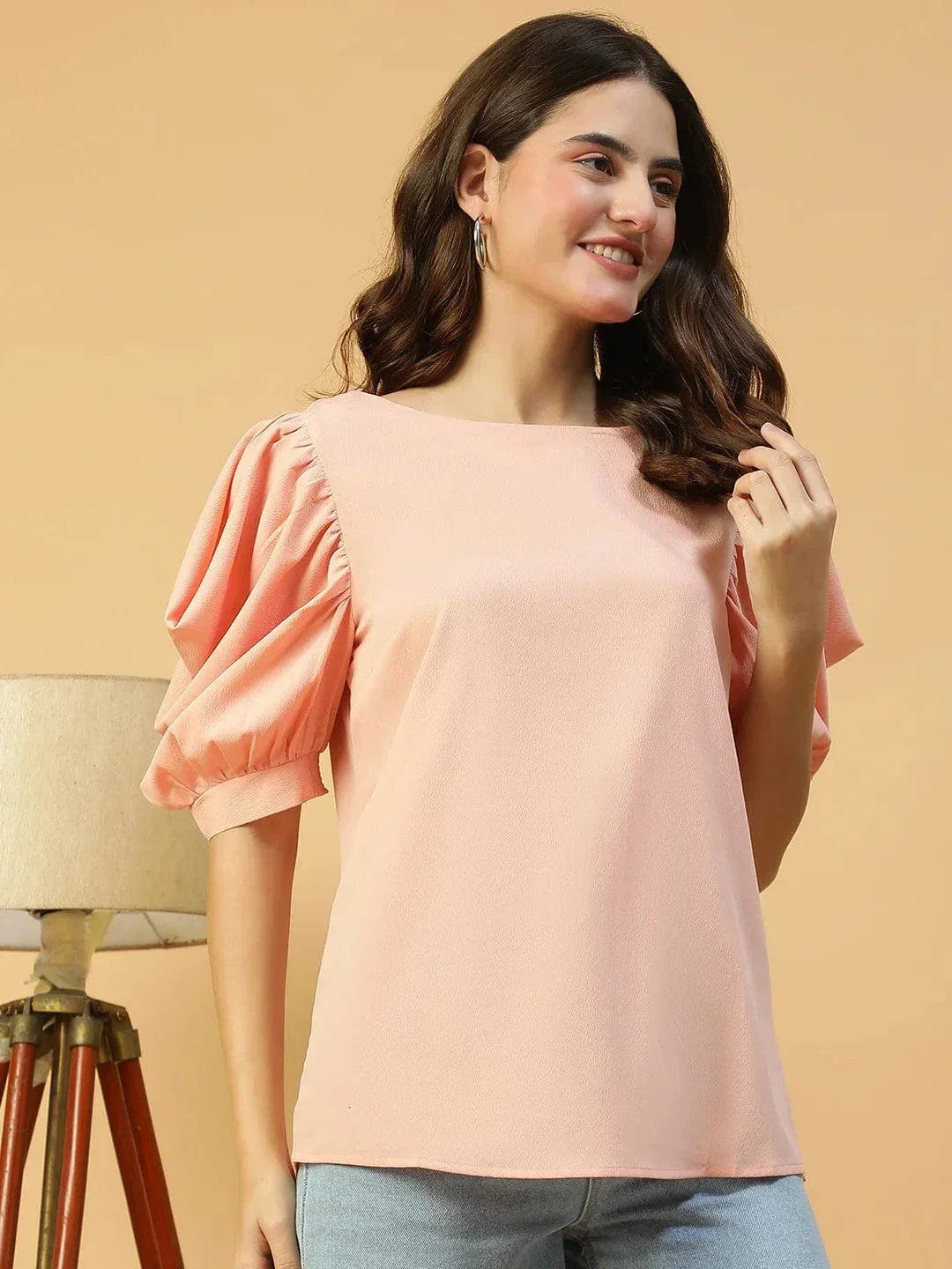 Perfect Peach Round Neck Short Puff Sleeve Women Top - oxolloxo
