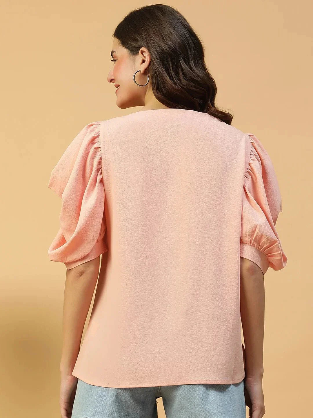 Perfect Peach Round Neck Short Puff Sleeve Women Top - oxolloxo