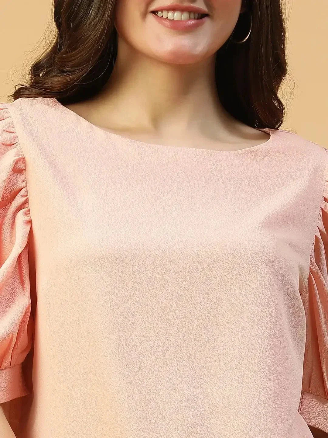 Perfect Peach Round Neck Short Puff Sleeve Women Top - oxolloxo