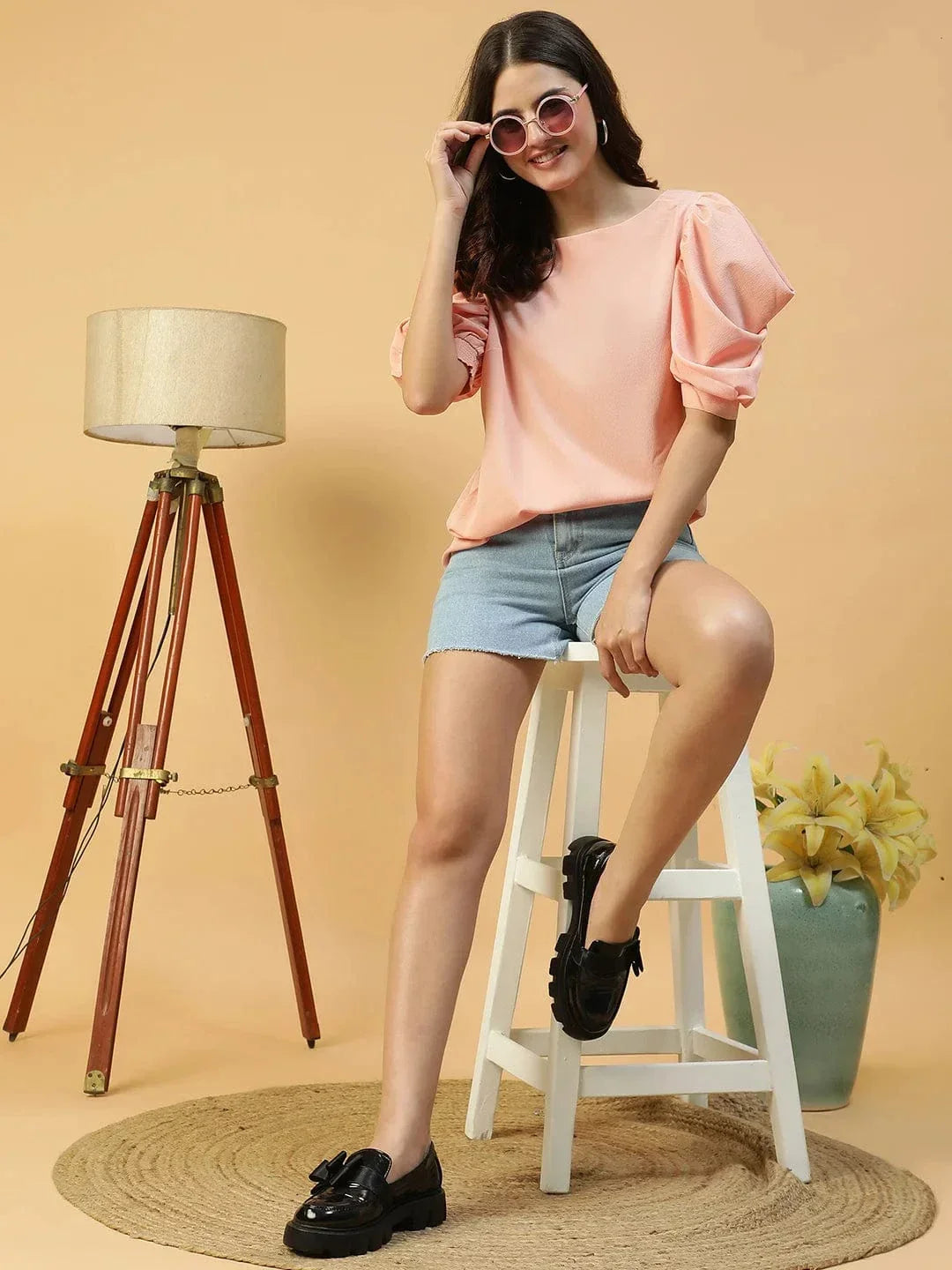 Perfect Peach Round Neck Short Puff Sleeve Women Top - oxolloxo