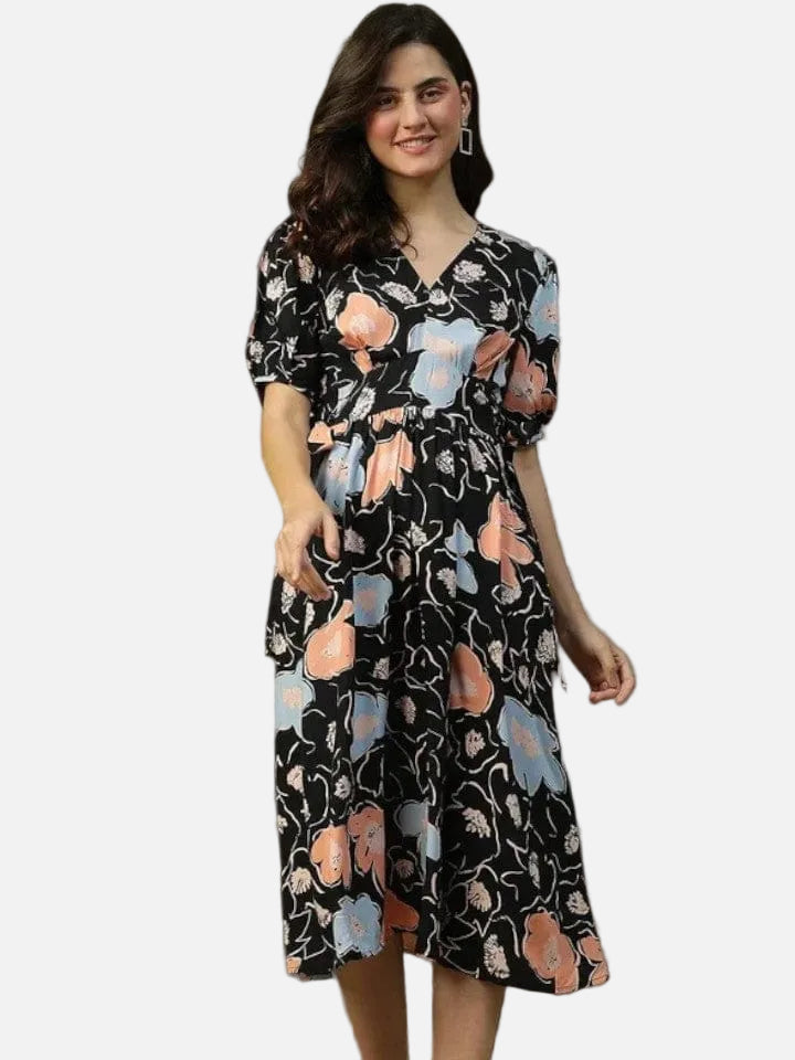 Black Floral Print Dress