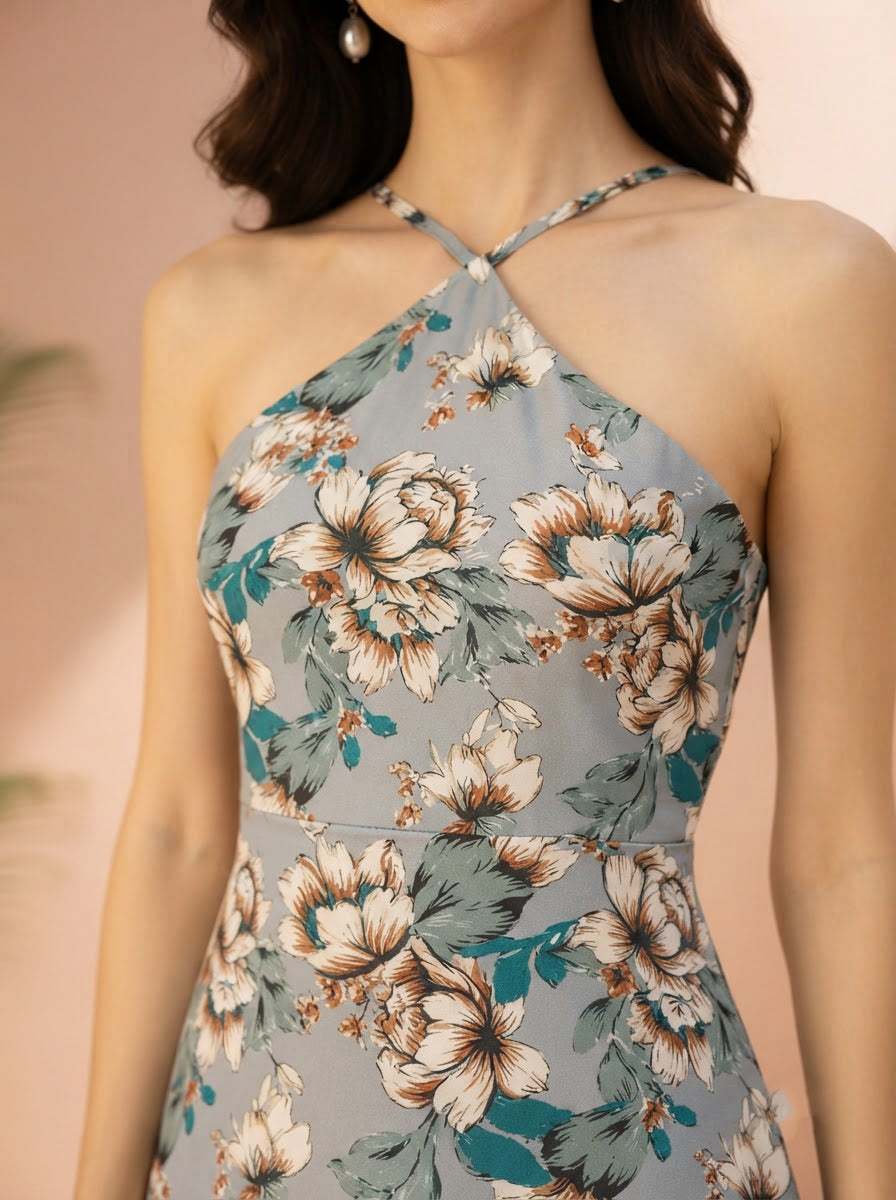 Floral halter neck dress with crisscross straps, perfect for women's fashion trends
