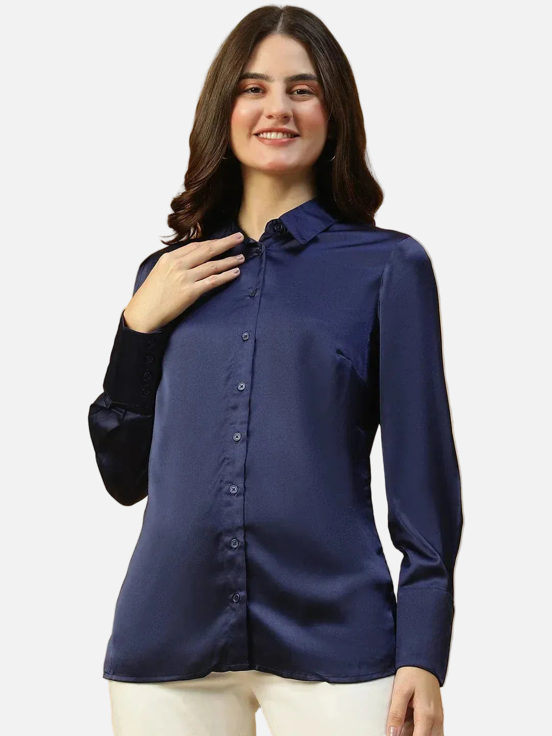 Rich Solid Blue Collared Button Down Long Sleeve Women Satin Shirt - oxolloxo