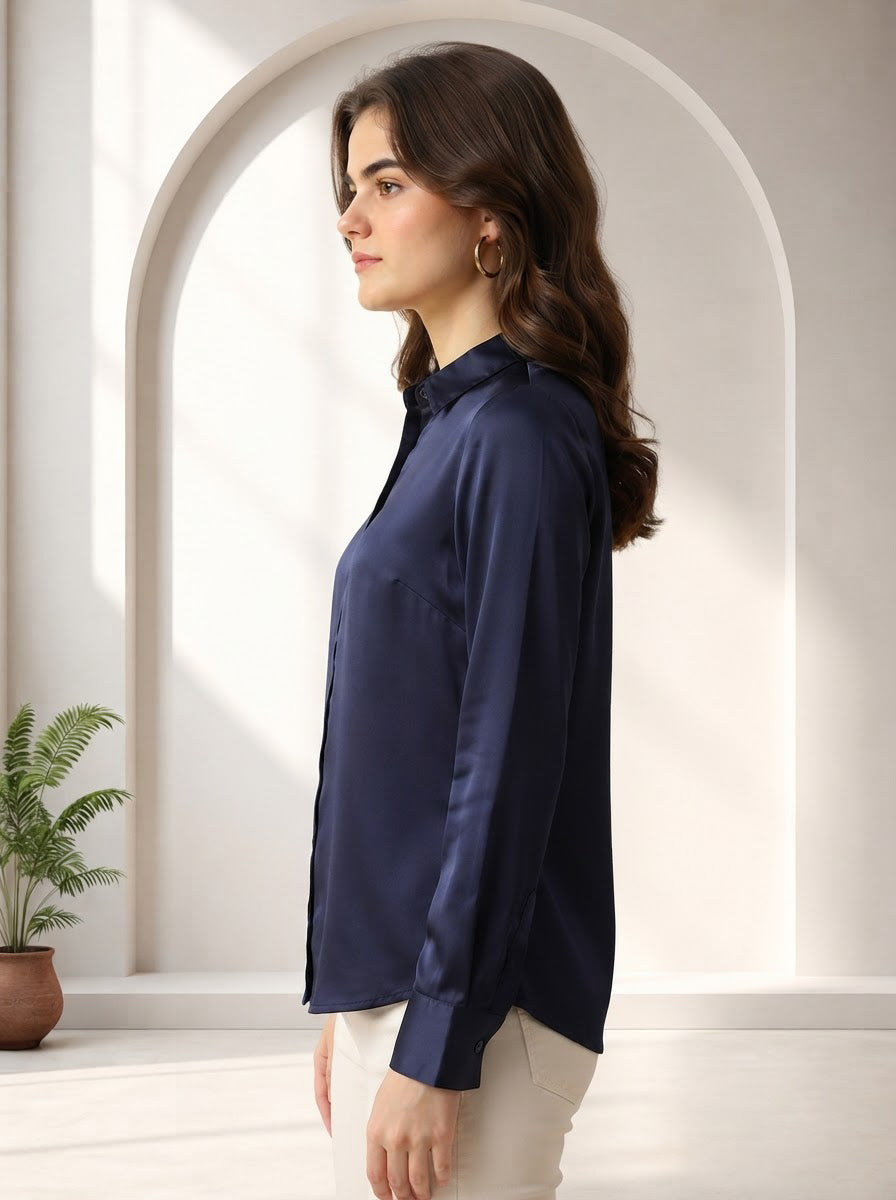 Navy blue satin blouse for women, long sleeve office wear, stylish plus size fashion top
