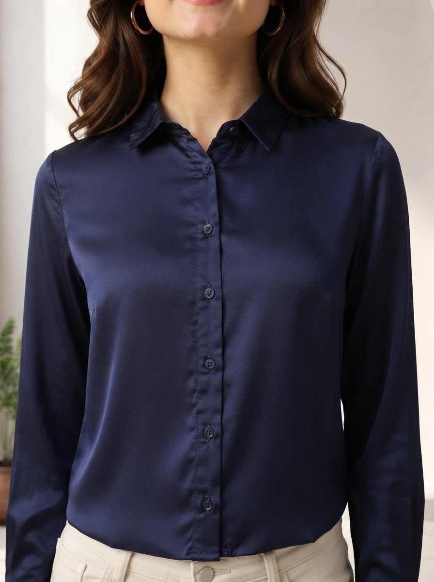 Navy blue satin button-down blouse for women, long sleeve office wear, plus size friendly