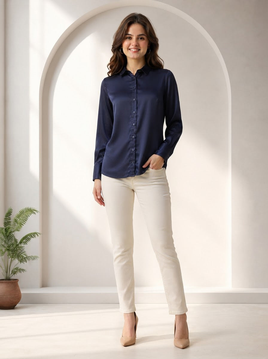 Woman in navy blue button-down shirt and cream pants, stylish plus size fashion outfit