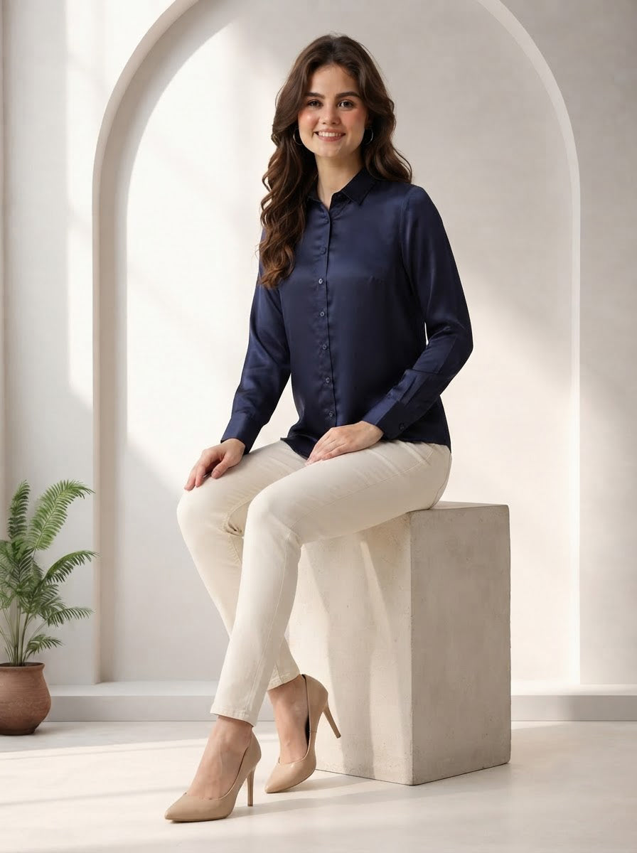 Woman in navy satin blouse and cream pants, stylish plus size fashion outfit