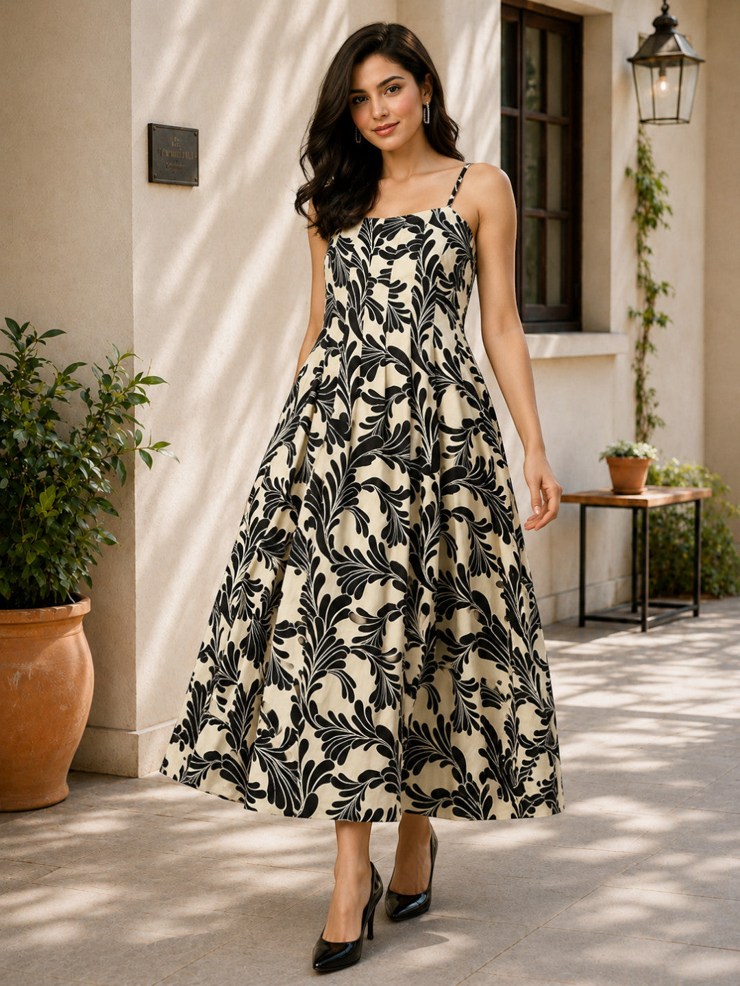 black floral print square neck maxi dress