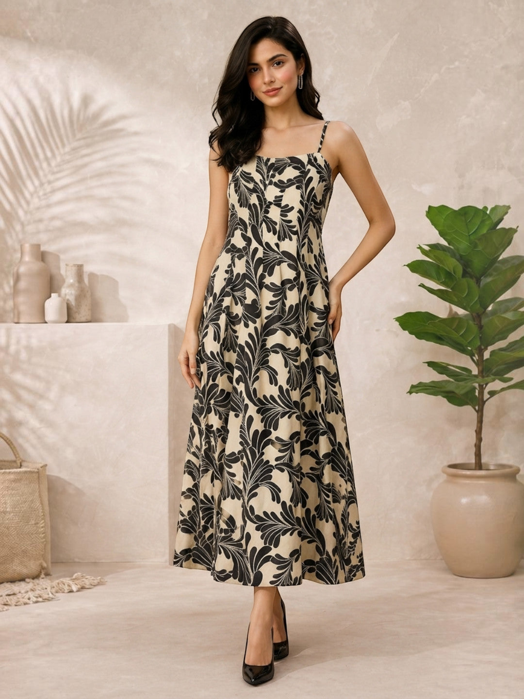 black floral print square neck maxi dress