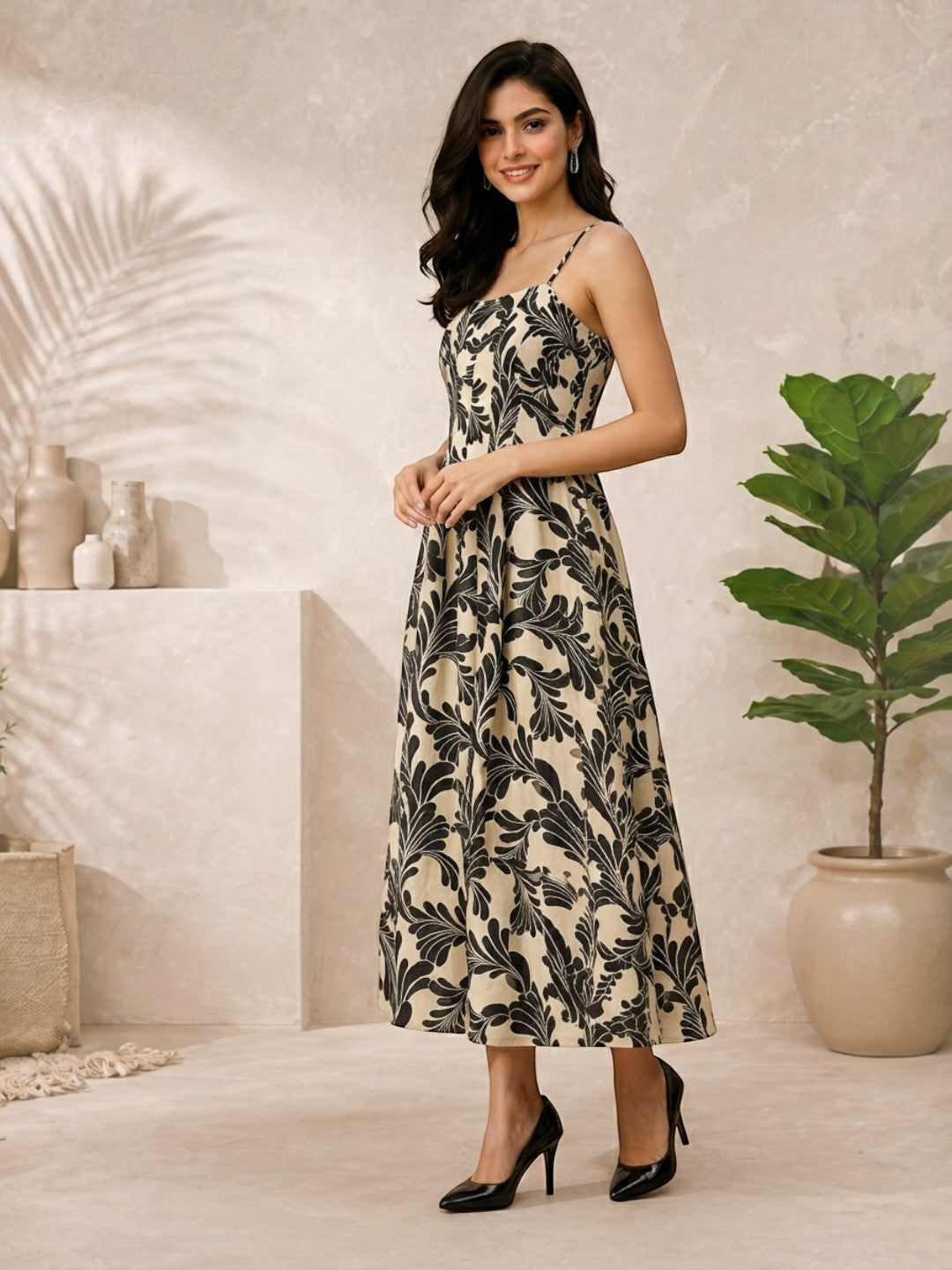 black floral print square neck maxi dress
