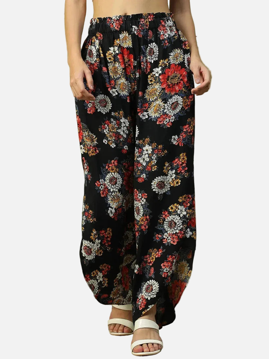 Flazy Black Floral Print Elasticated Flared High Low style Women Long Pant - oxolloxo