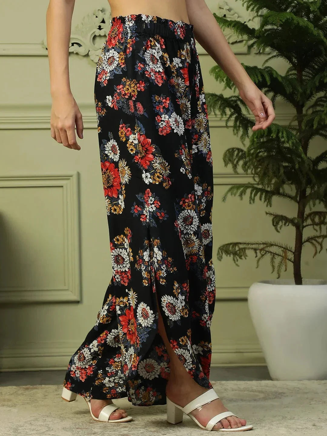 Flazy Black Floral Print Elasticated Flared High Low style Women Long Pant - oxolloxo