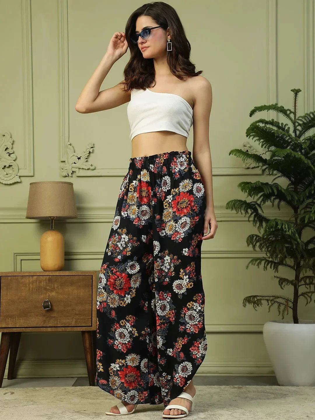 Flazy Black Floral Print Elasticated Flared High Low style Women Long Pant - oxolloxo