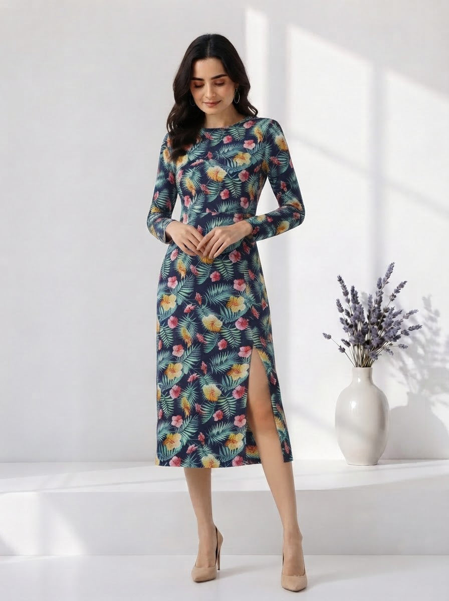 Floral print midi dress with side slit, long sleeves, perfect for women's fashion