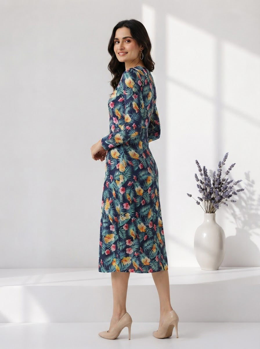 Woman in floral print midi dress with long sleeves, plus size fashion, stylish outfit for women