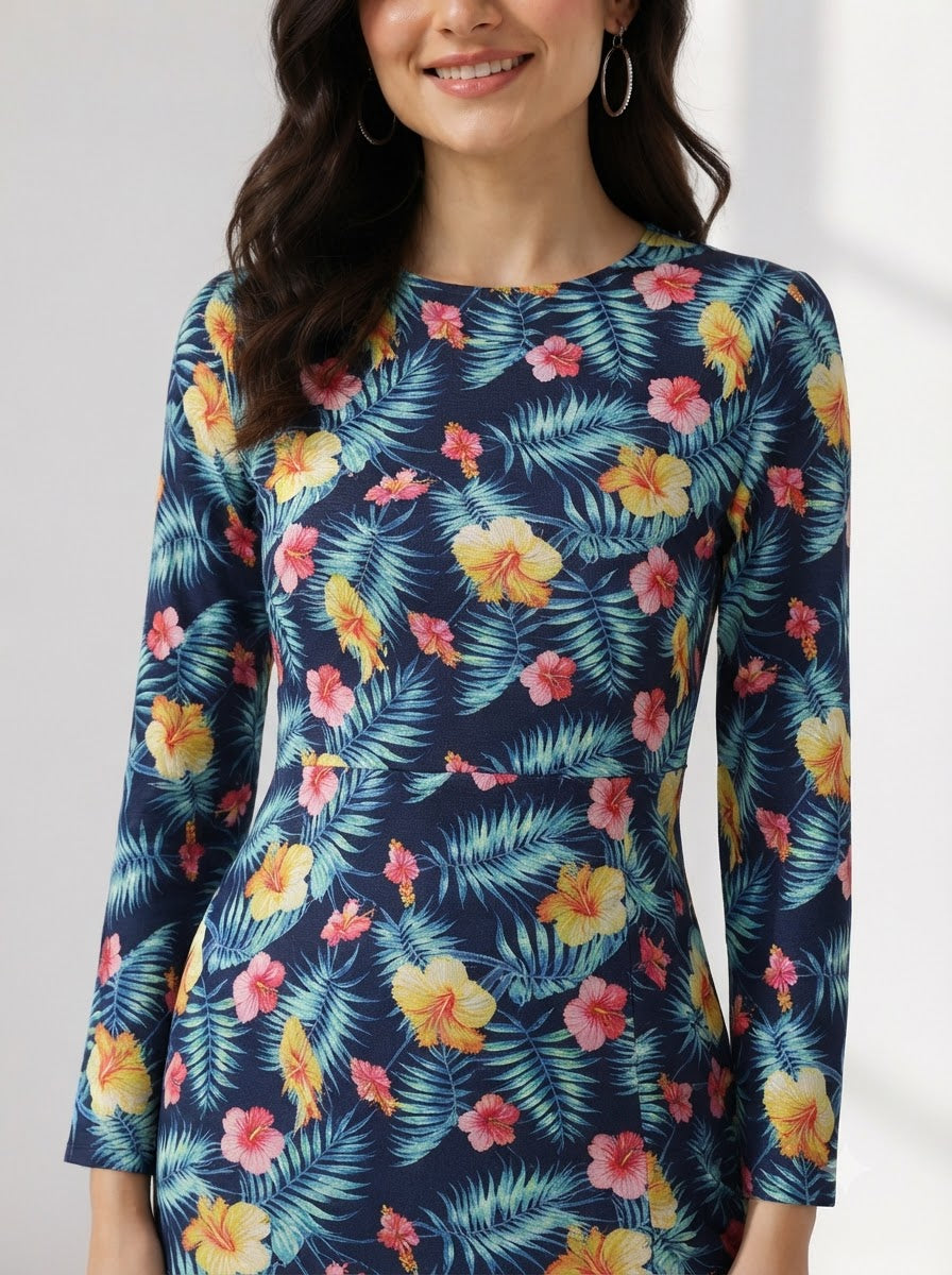Tropical floral print dress with long sleeves, vibrant hibiscus and palm leaves on navy background