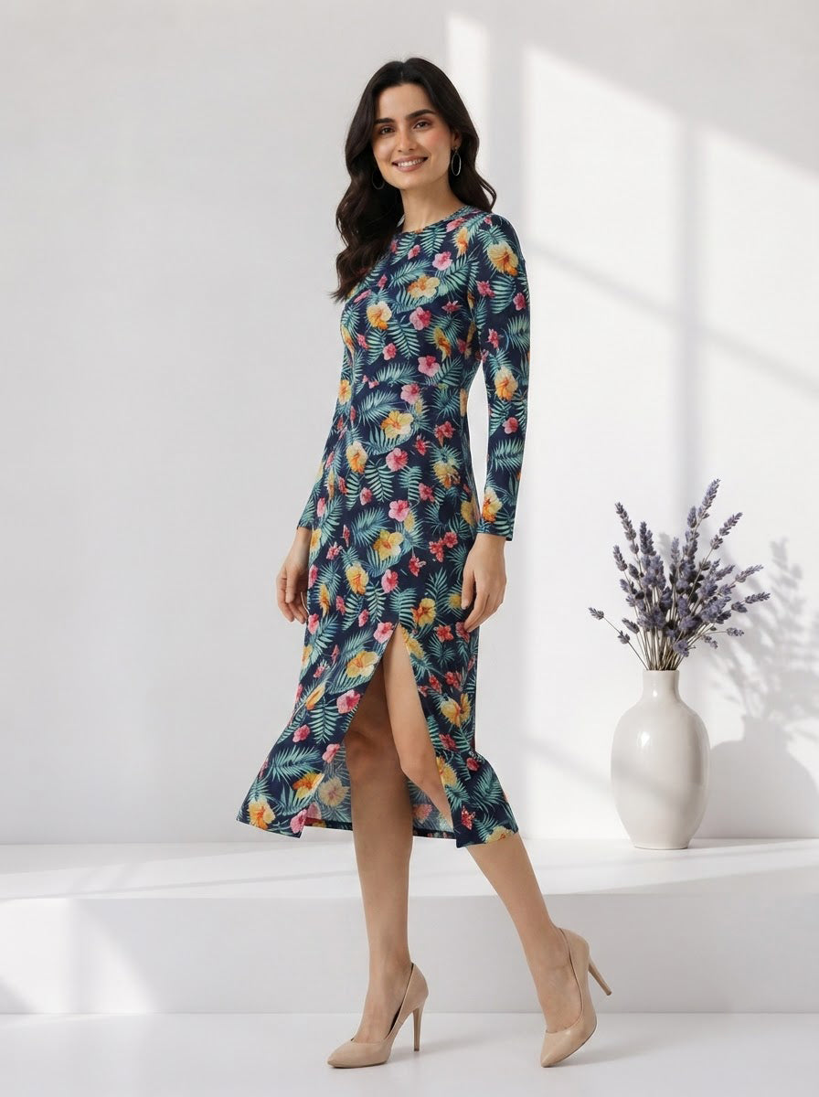 Floral print midi dress with side slit, long sleeves, perfect for women's fashion trends