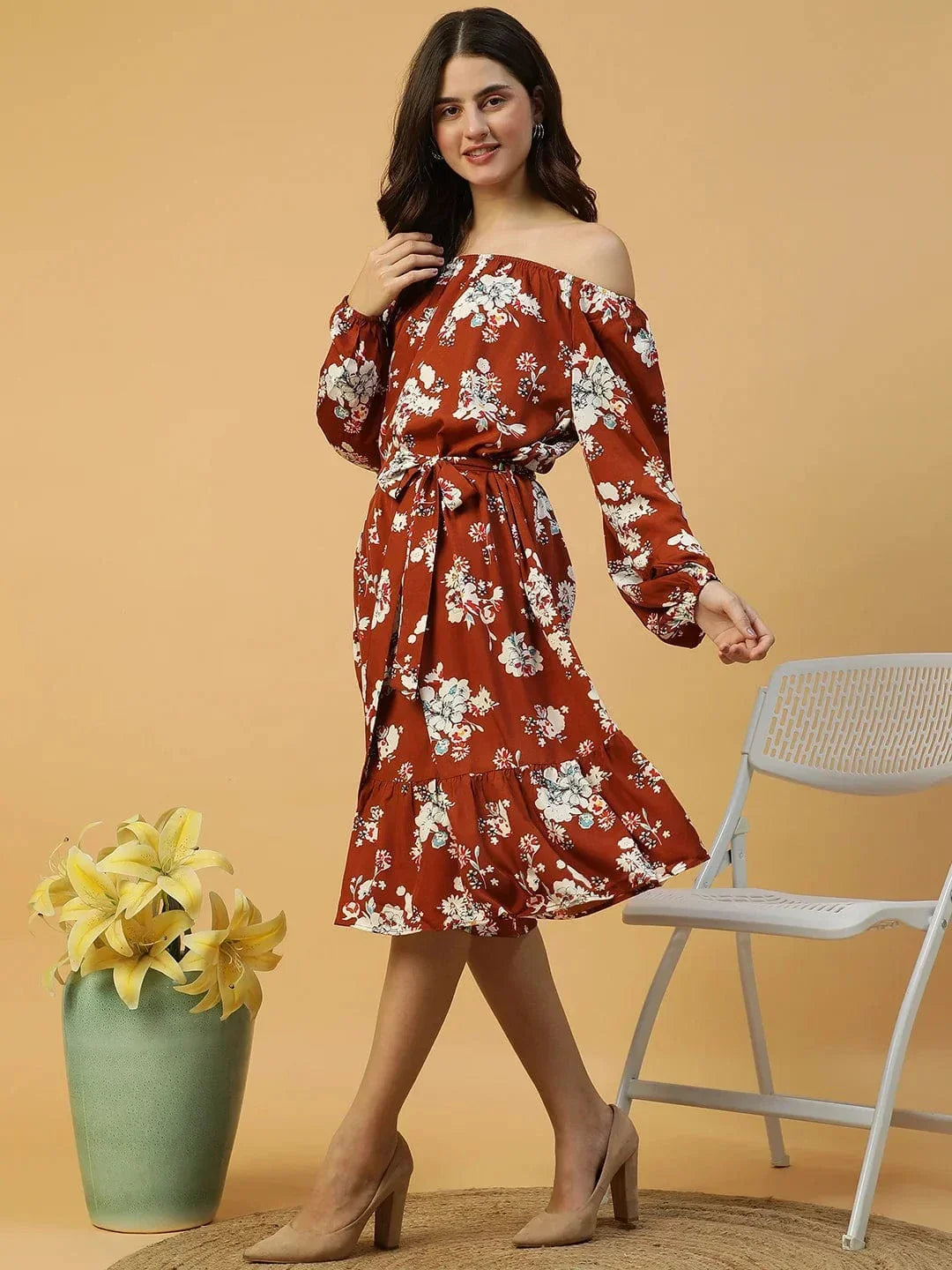 Rust Floral Print Dress