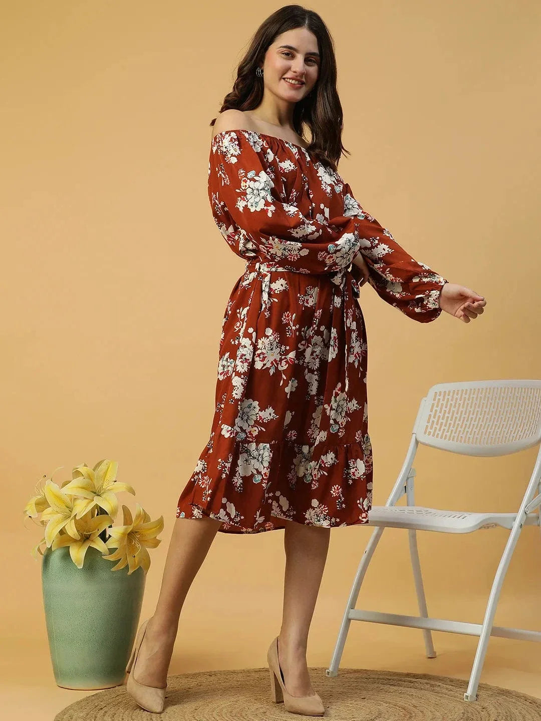 Rust Floral Print Dress