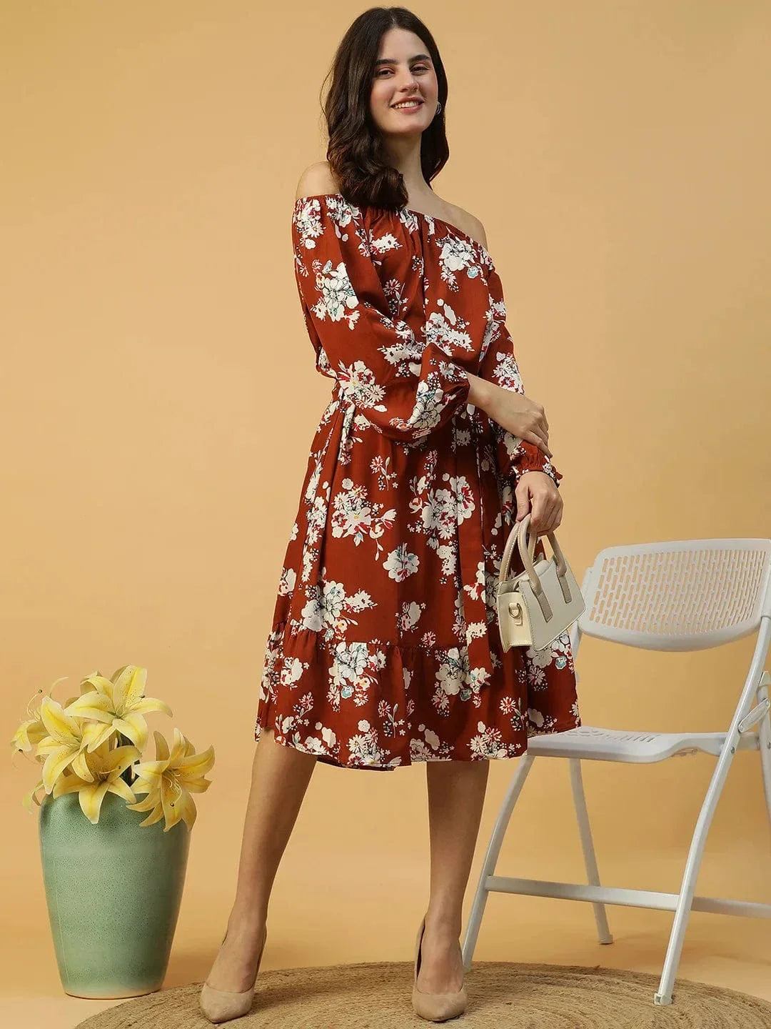 Rust Floral Print Dress
