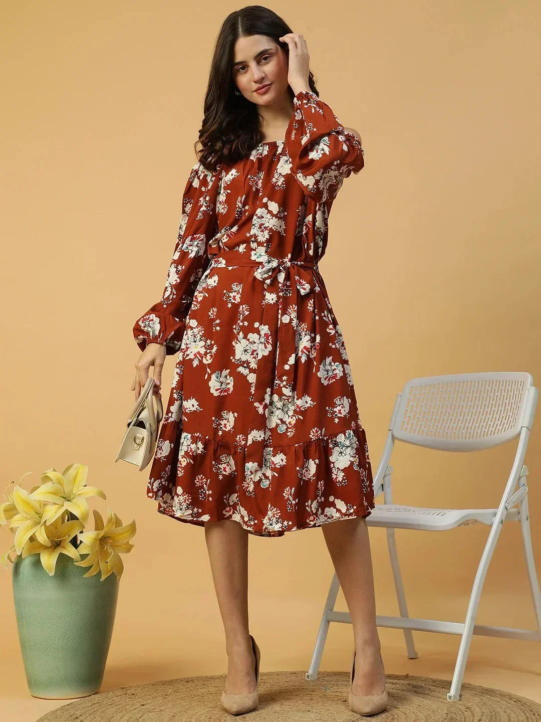 Rust Floral Print Dress