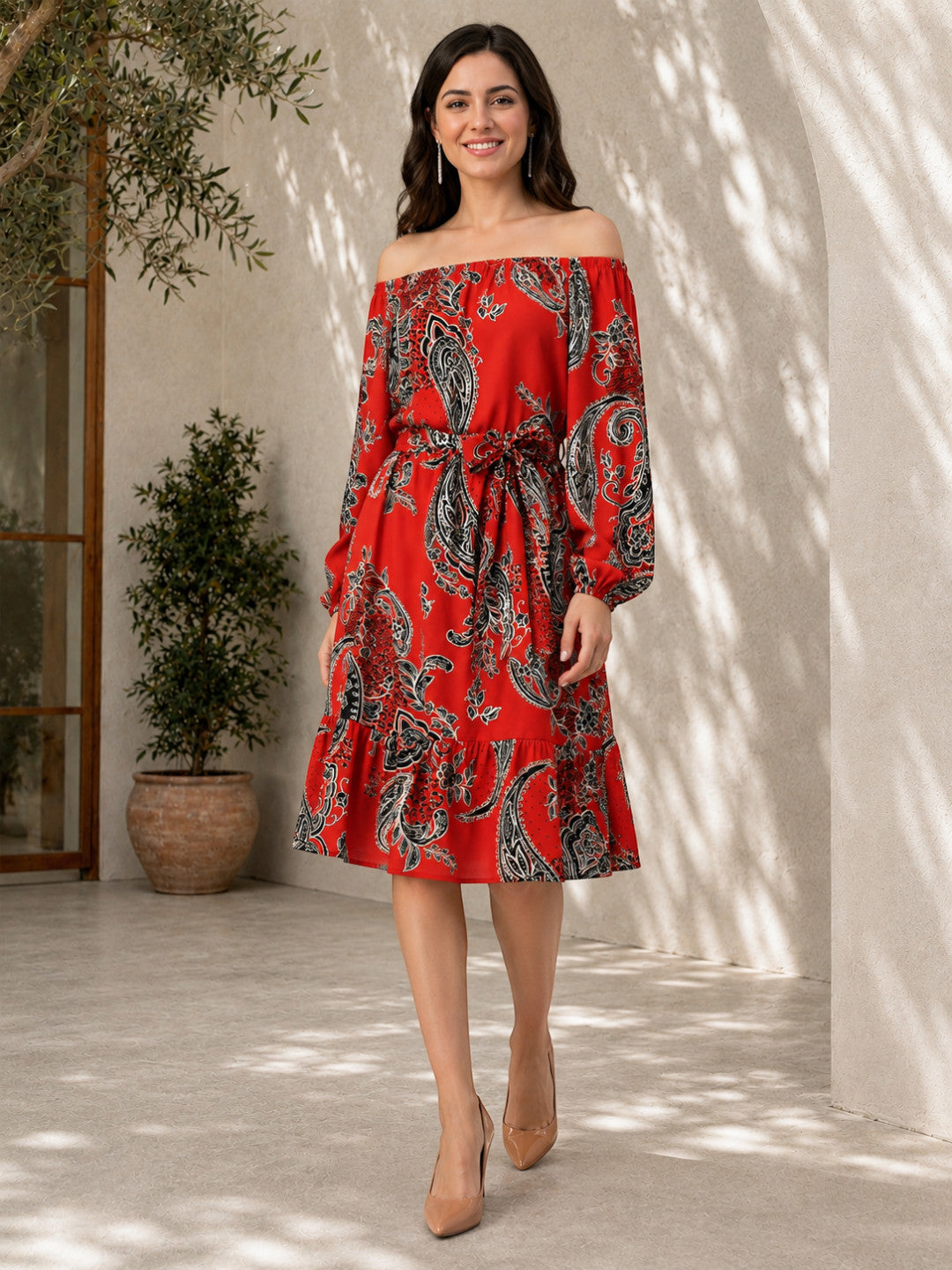 red floral off shoulder dress with belt