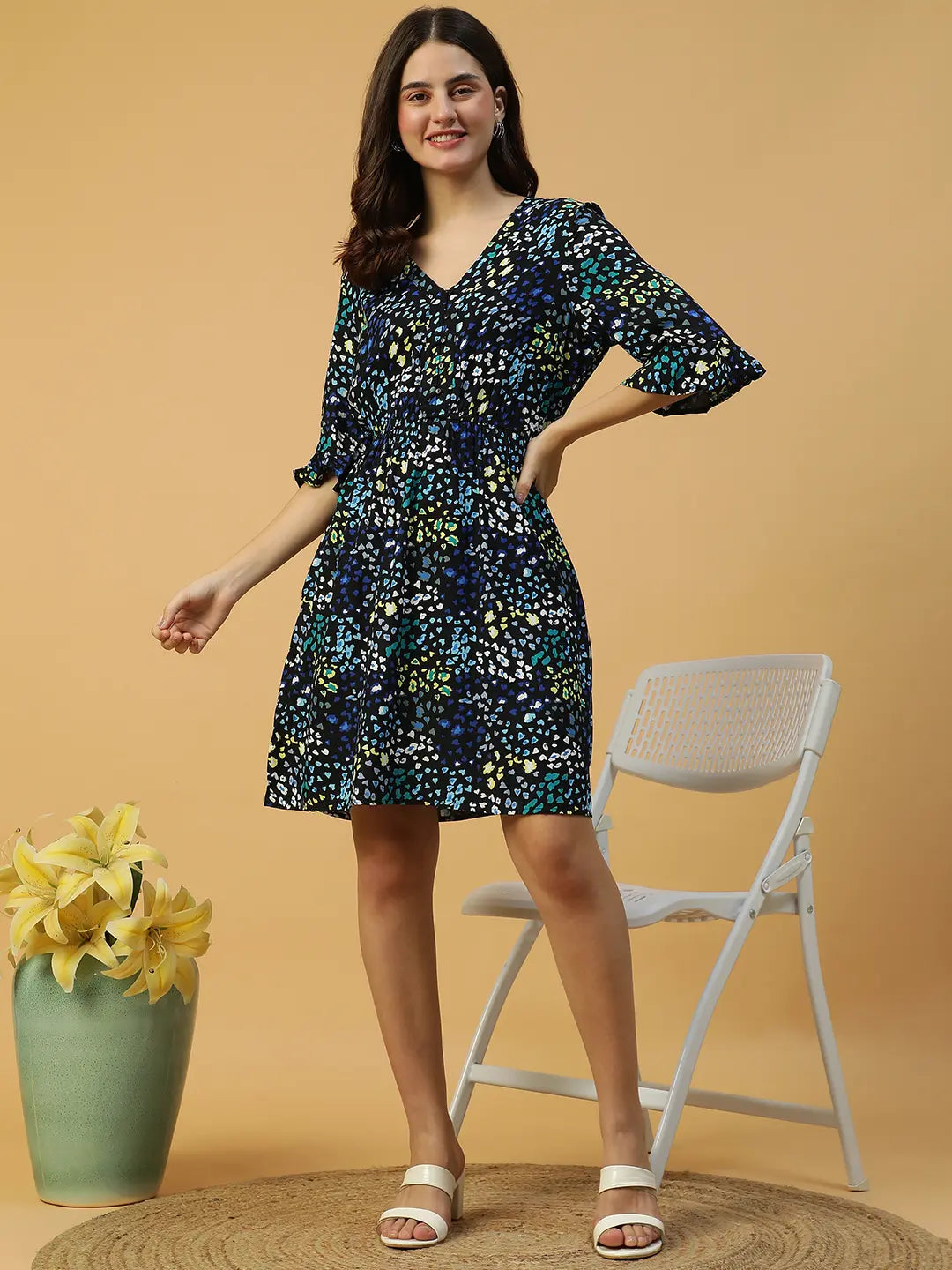 Blue Floral Print Cotton Dress