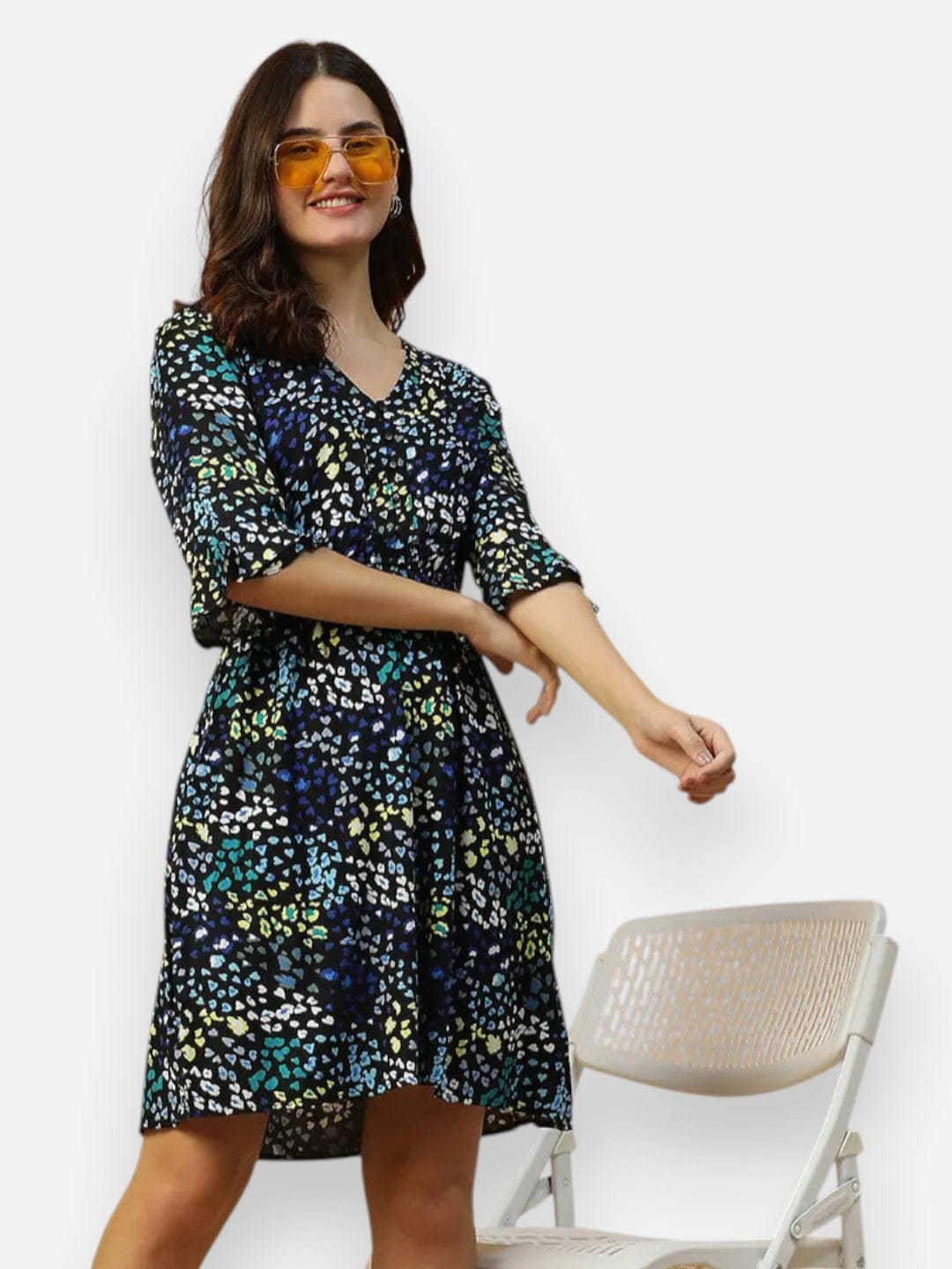 Blue Floral Print Cotton Dress