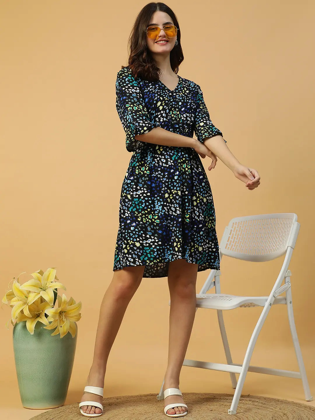 Blue Floral Print Cotton Dress