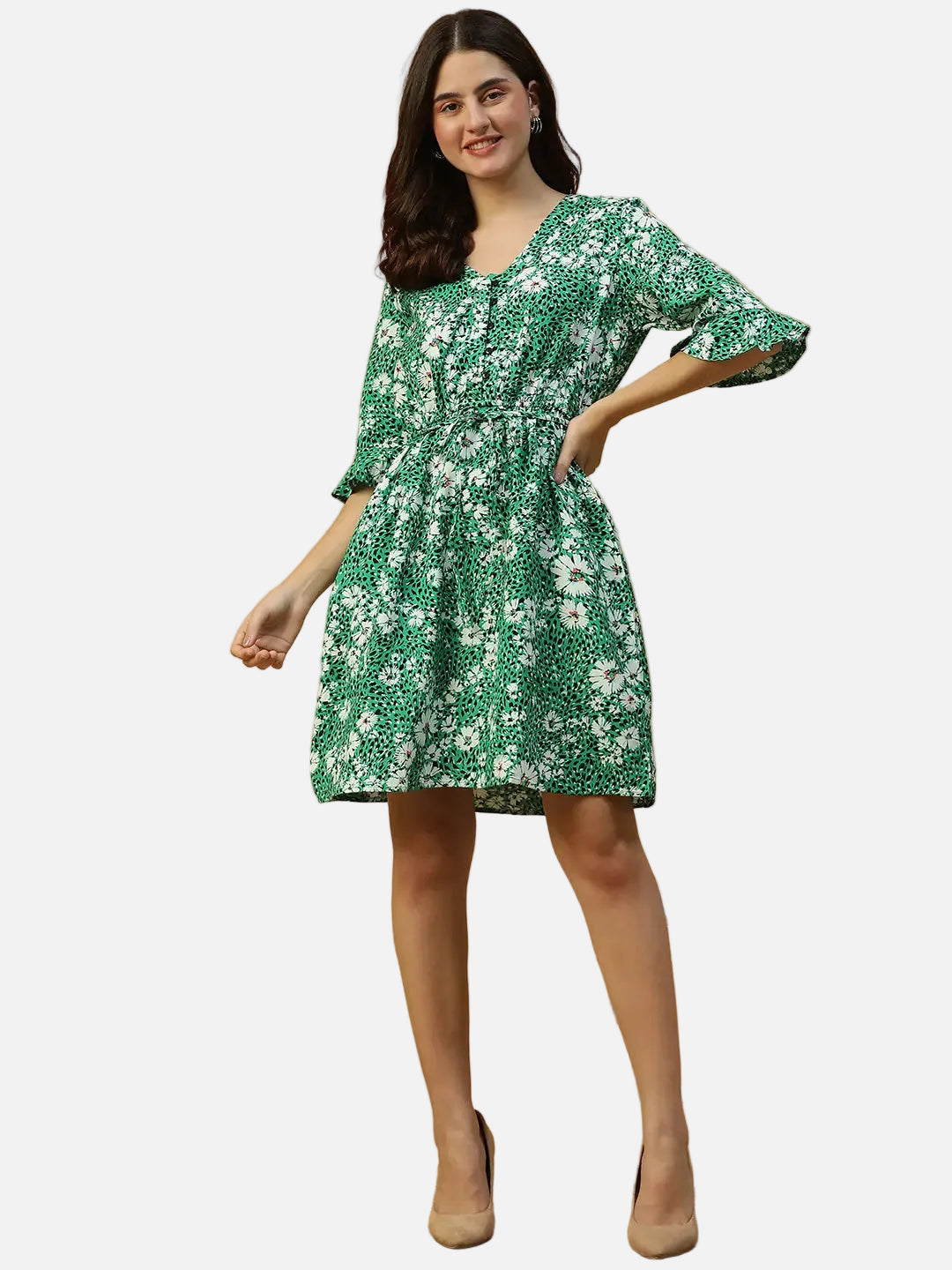 Green Floral Print Cotton Dress