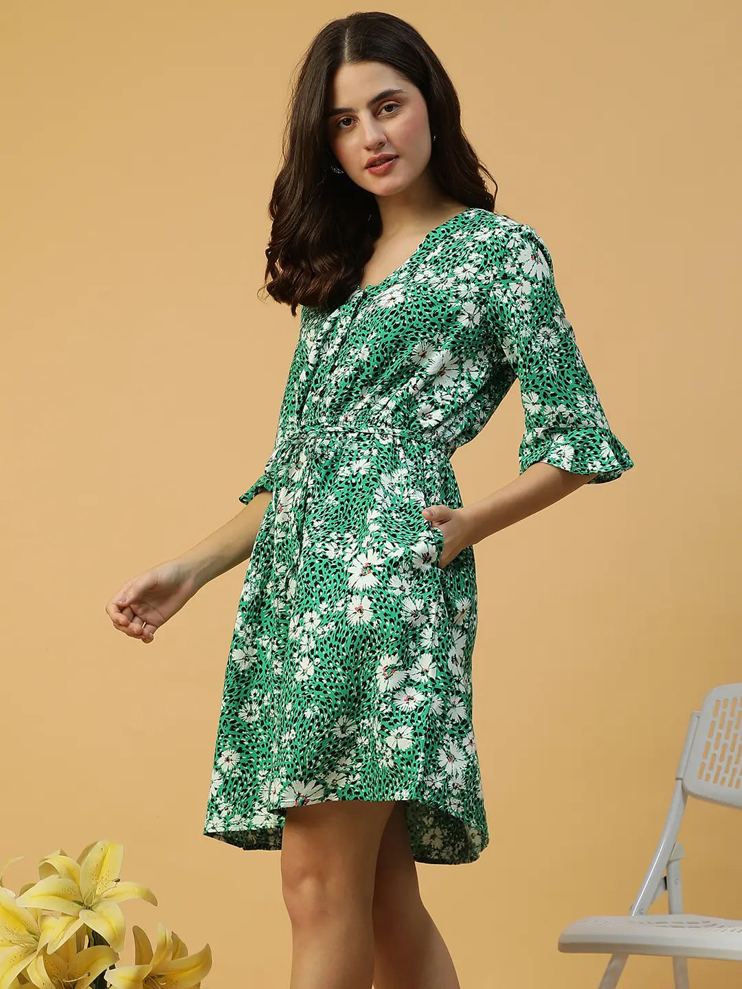 Green Floral Print Cotton Dress