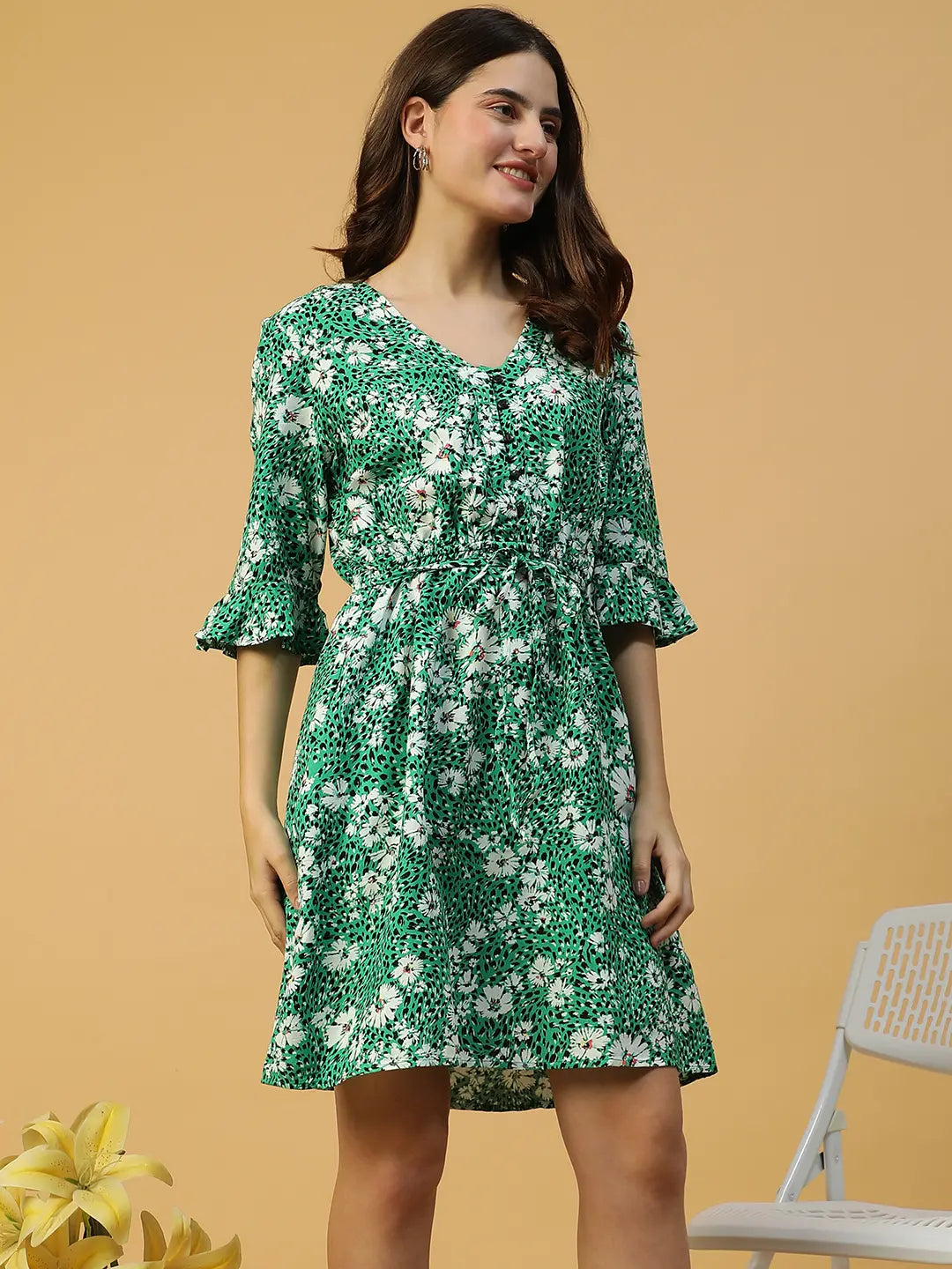 Green Floral Print Cotton Dress