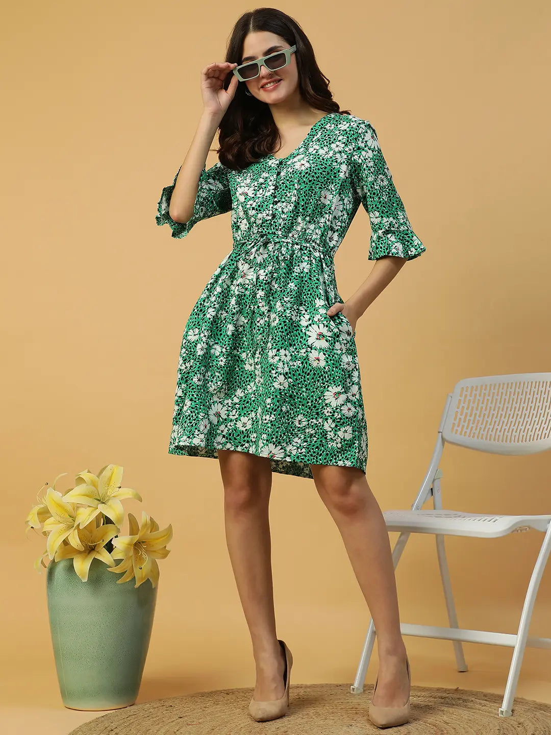 Green Floral Print Cotton Dress