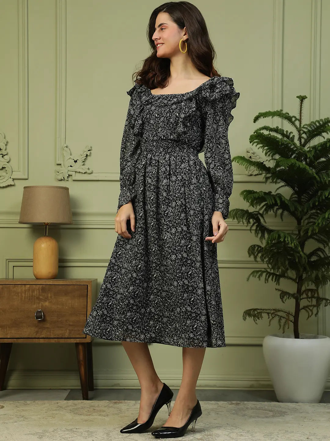 Black Floral Print Dress