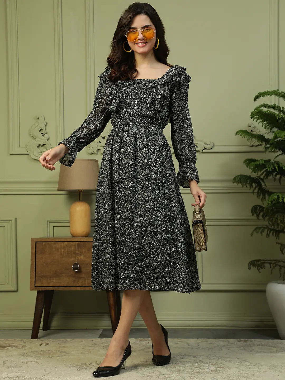 Black Floral Print Dress