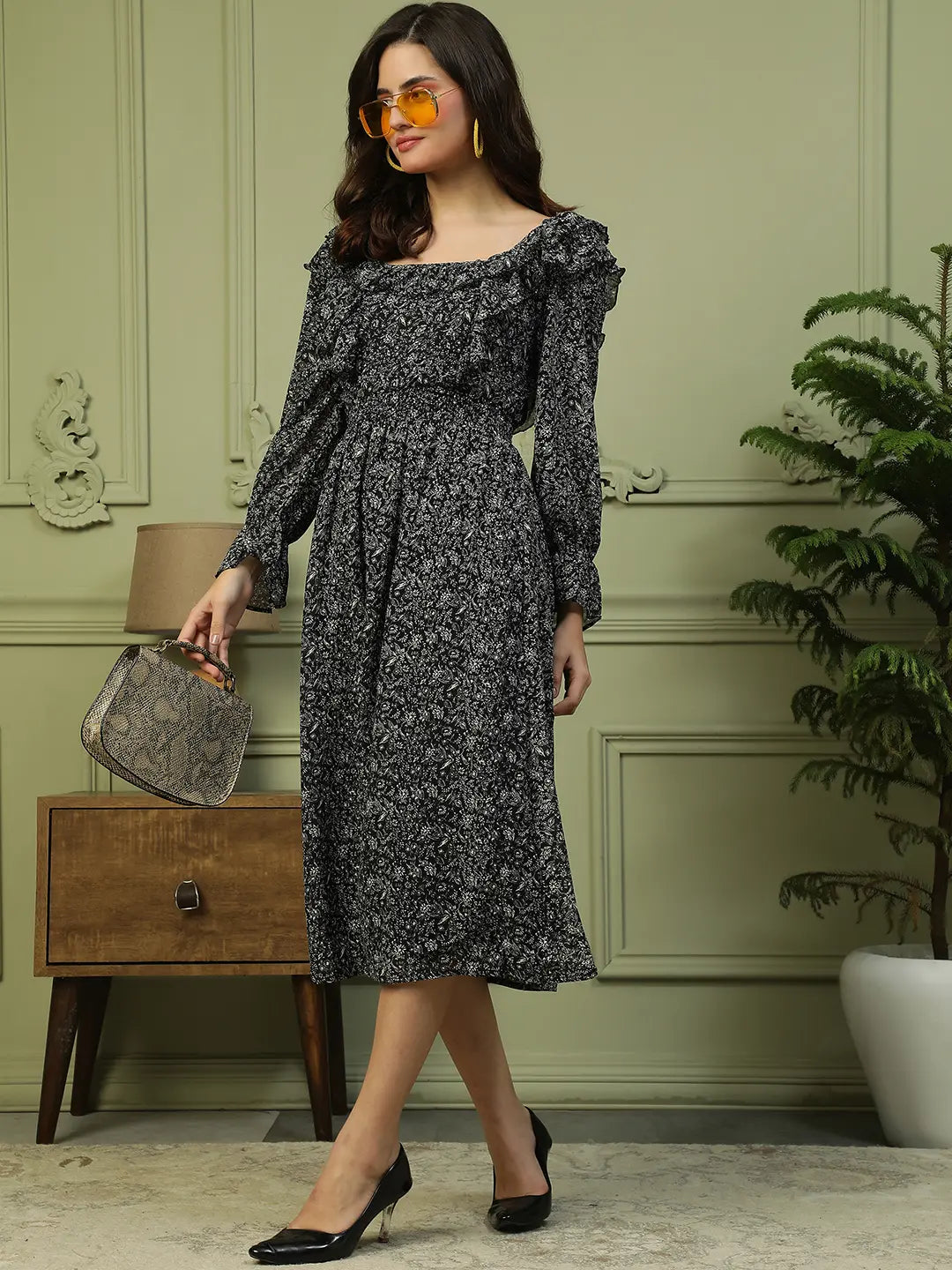 Black Floral Print Dress