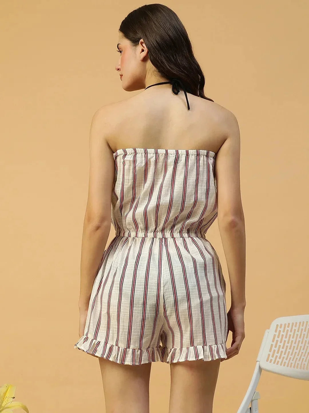 Beachy White Stripe Print Elasticated Off -Shoulder Women Becahwear Cotton Playsuit - oxolloxo