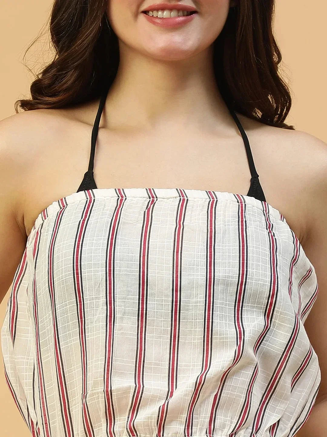 Beachy White Stripe Print Elasticated Off -Shoulder Women Becahwear Cotton Playsuit - oxolloxo
