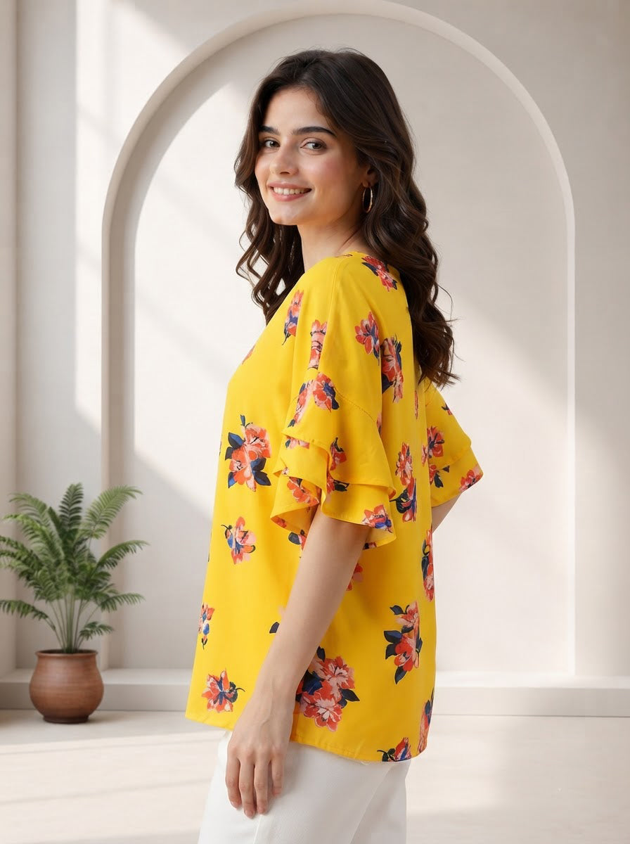 Women Yellow Floral Print Top Oxolloxo