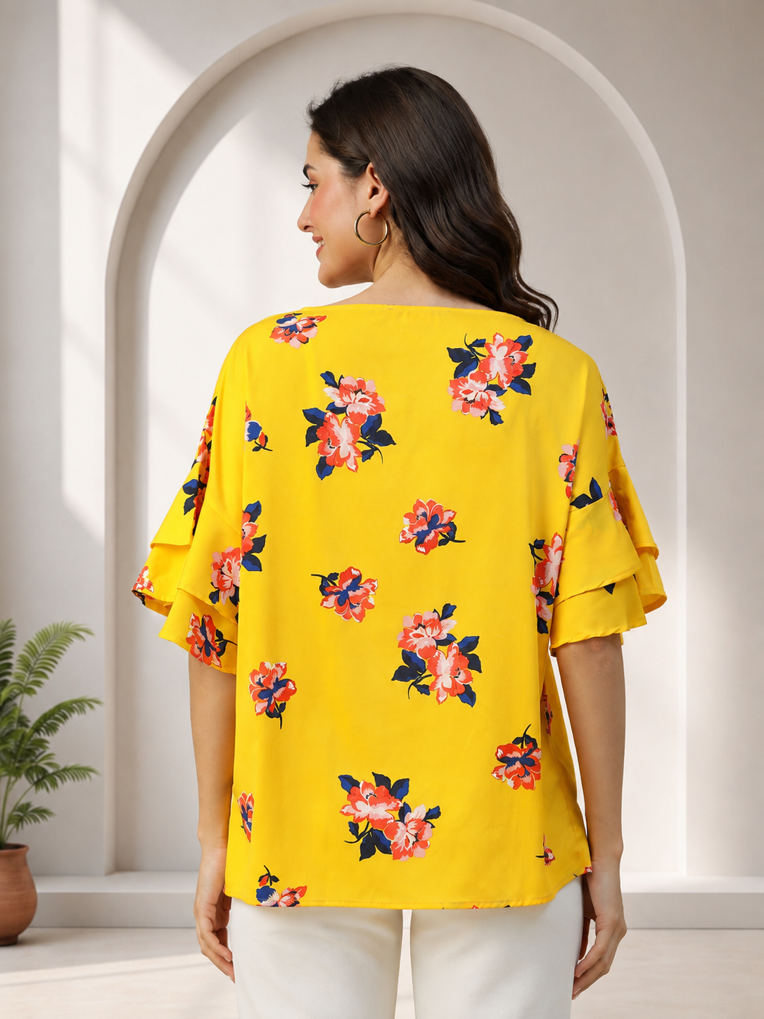 Women Yellow Floral Print Top Oxolloxo