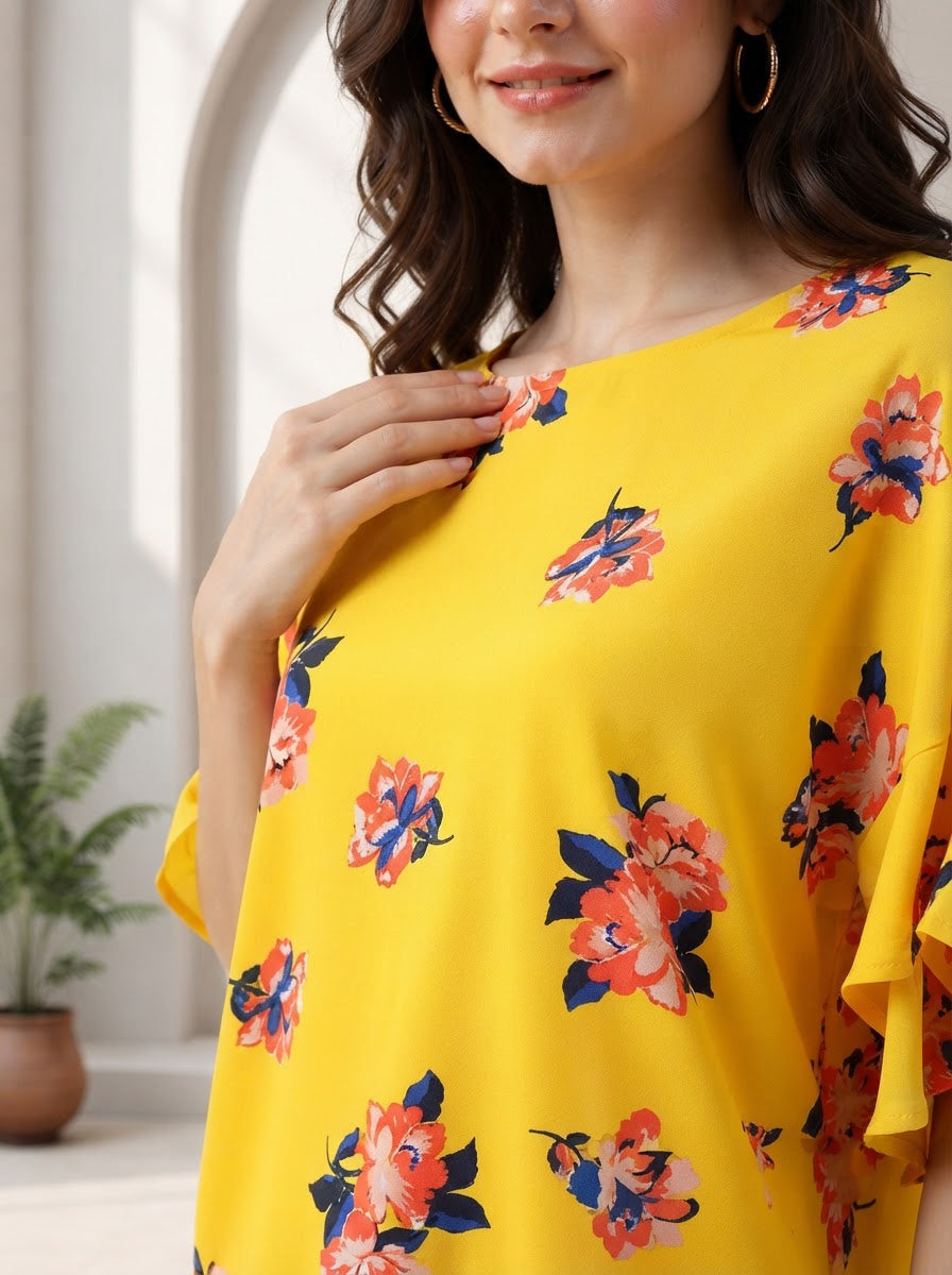Women Yellow Floral Print Top Oxolloxo