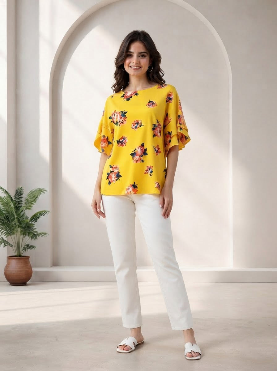 Women Yellow Floral Print Top Oxolloxo