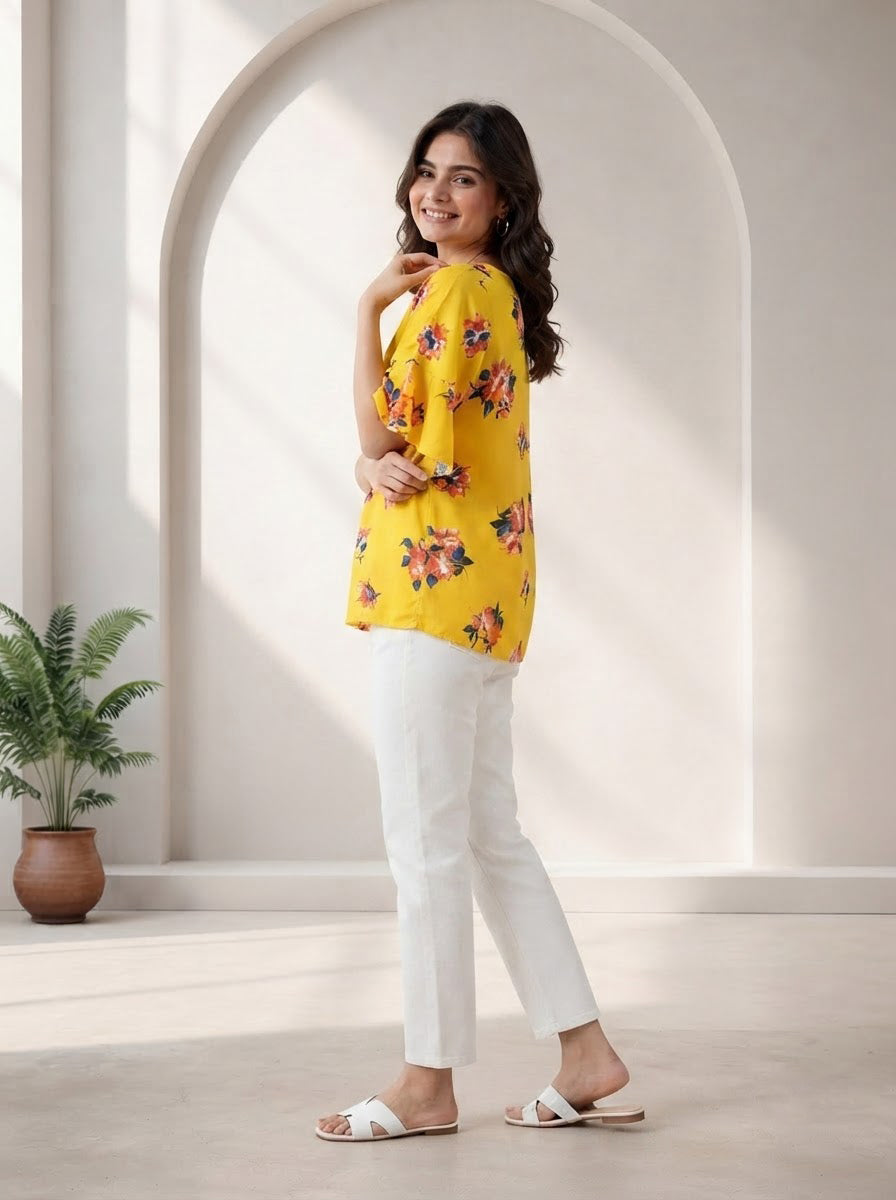 Women Yellow Floral Print Top Oxolloxo