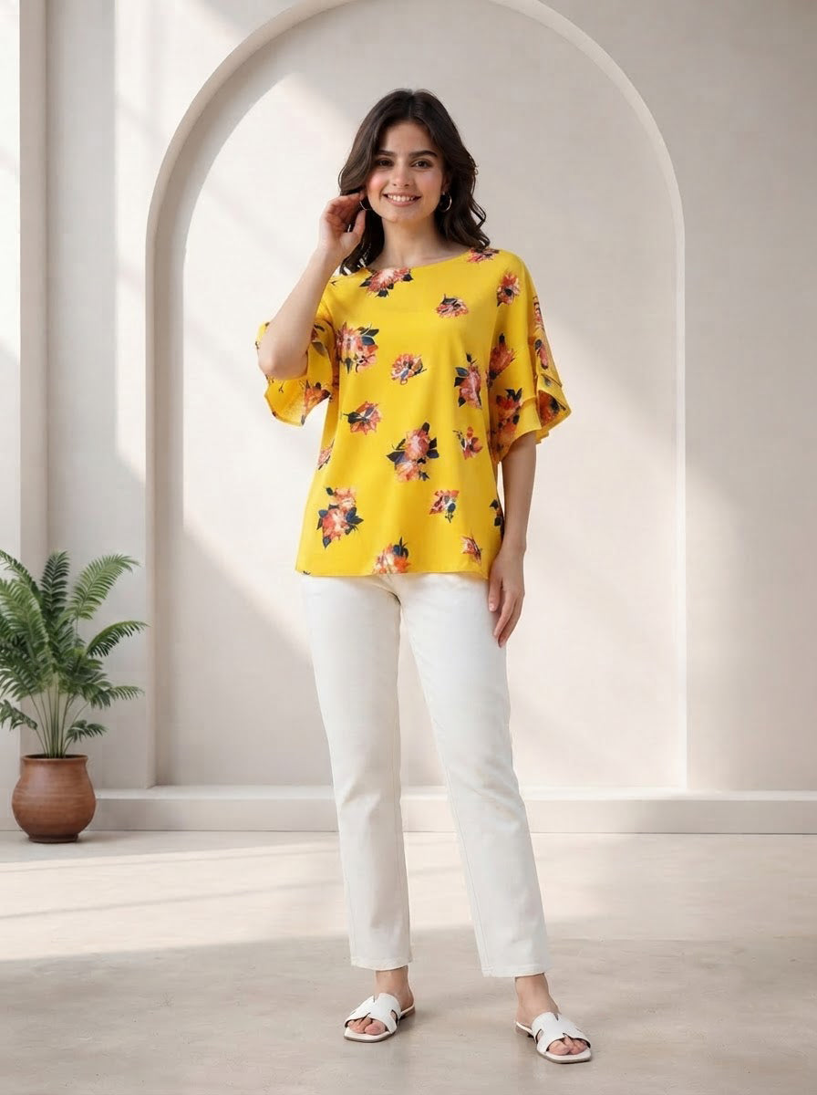 Women Yellow Floral Print Top Oxolloxo