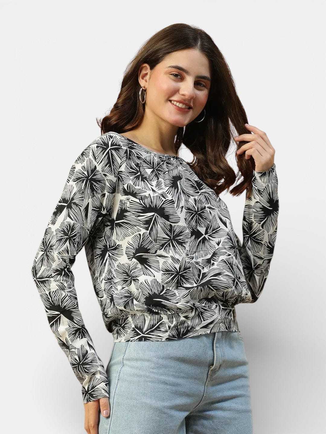 Black Floral Print Cotton Top