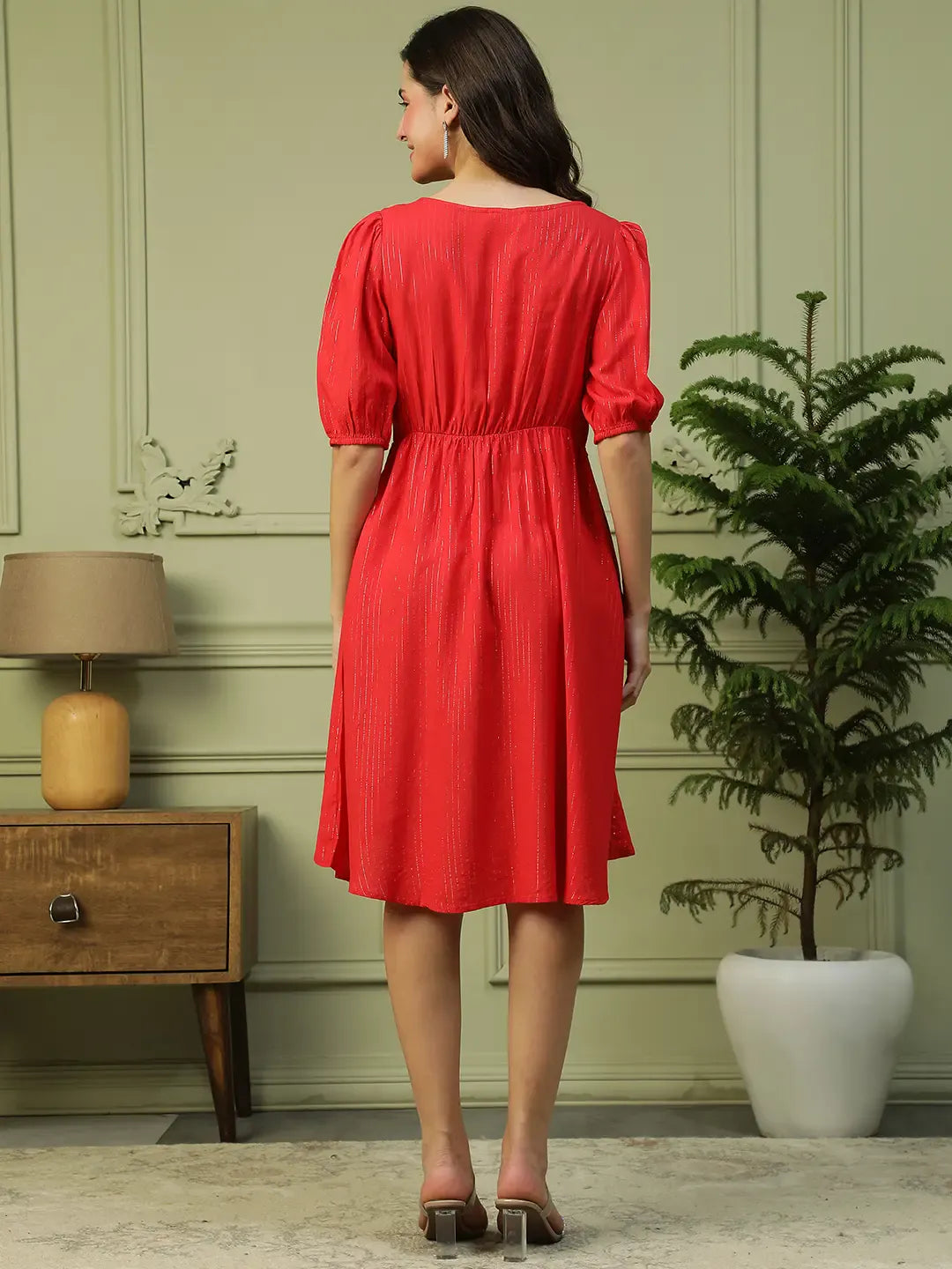 Red Glittery Stripe Cotton Dress